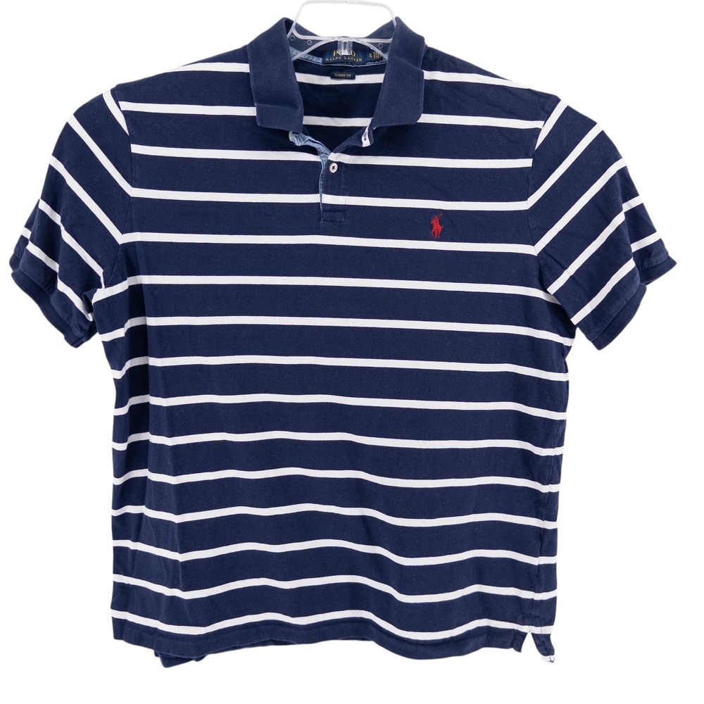 Polo Ralph Lauren Men's XL Navy Blue White‎ Stripe Short Sleeve Polo Shirt Pony - Picture 2 of 7